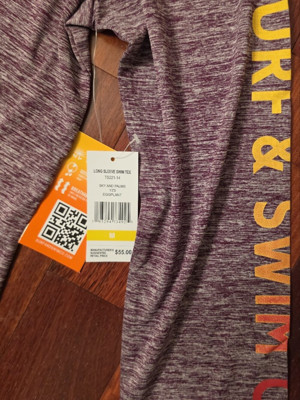 Surf And Swim Co Heathered Maroon Graphic Long Sleeve Performance Tee UPF50+ Nwt - Picture 2 of 6
